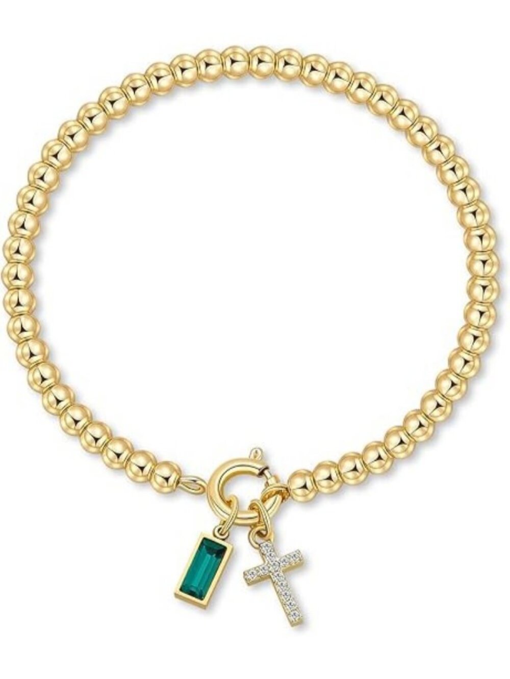 05-May(Emerald) Cross Birthstone Elastic 14K Gold Plated Bead Bracelet
